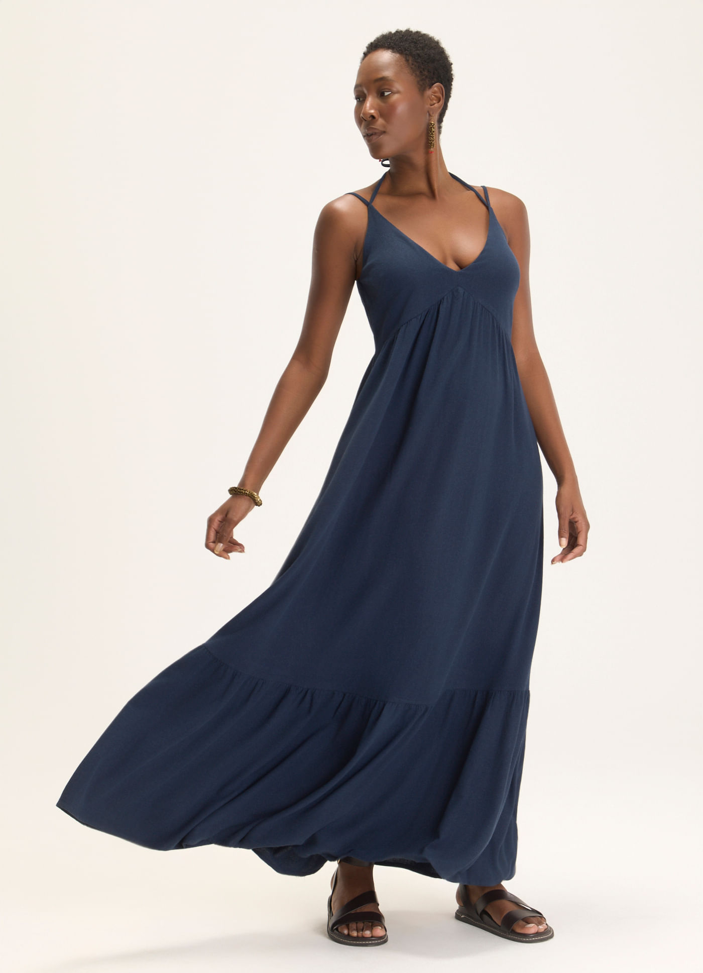 Vestido longo linho soft azul marinho