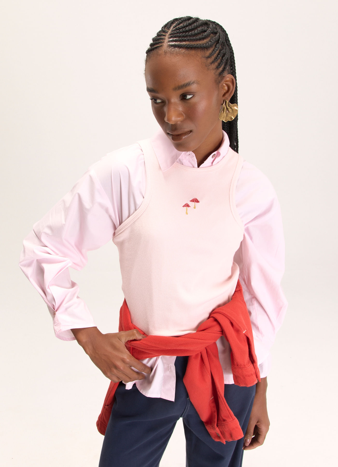 Regata cropped ribana nadador bordado cogumelo rosa