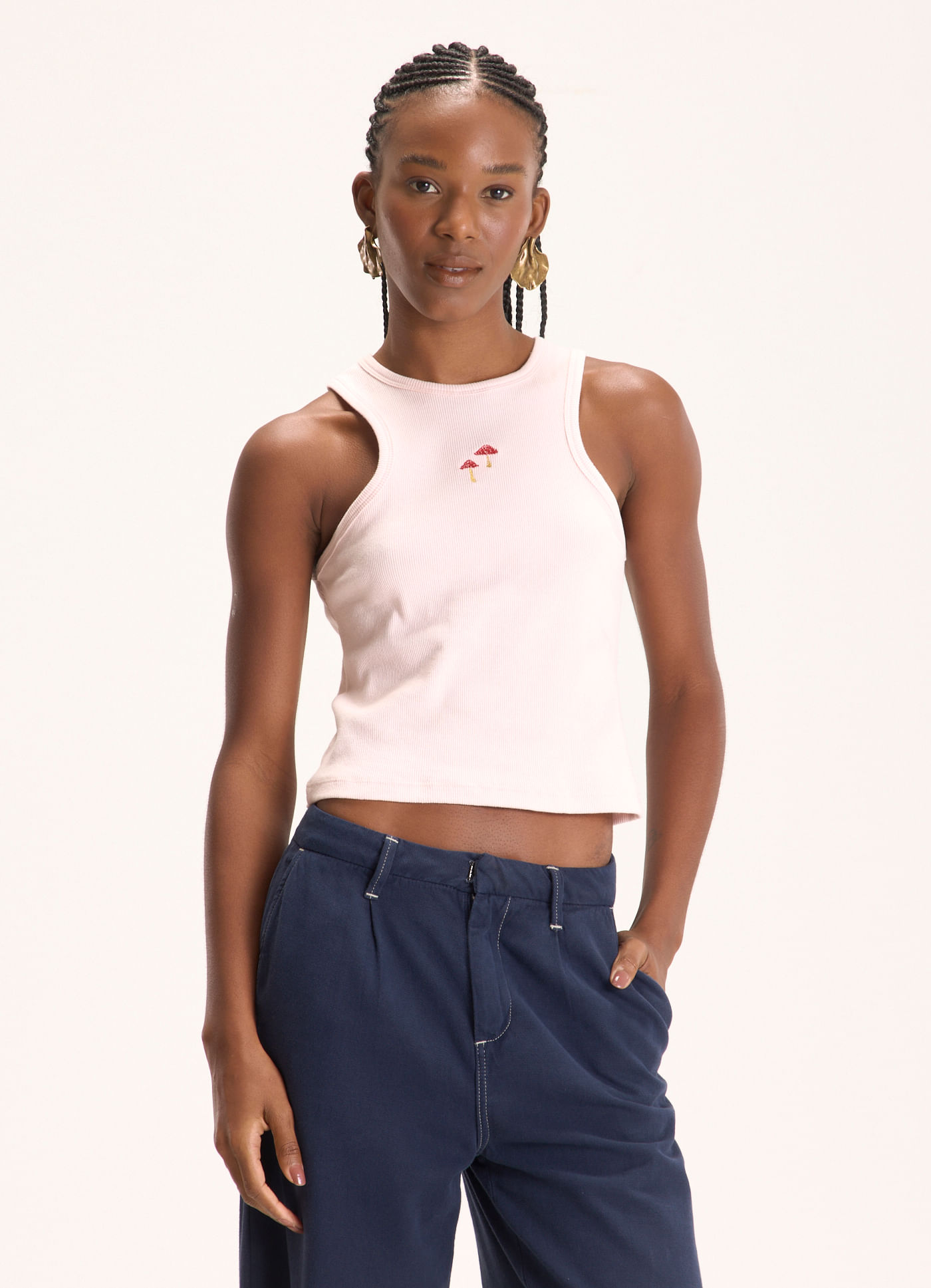 Regata cropped ribana nadador bordado cogumelo rosa