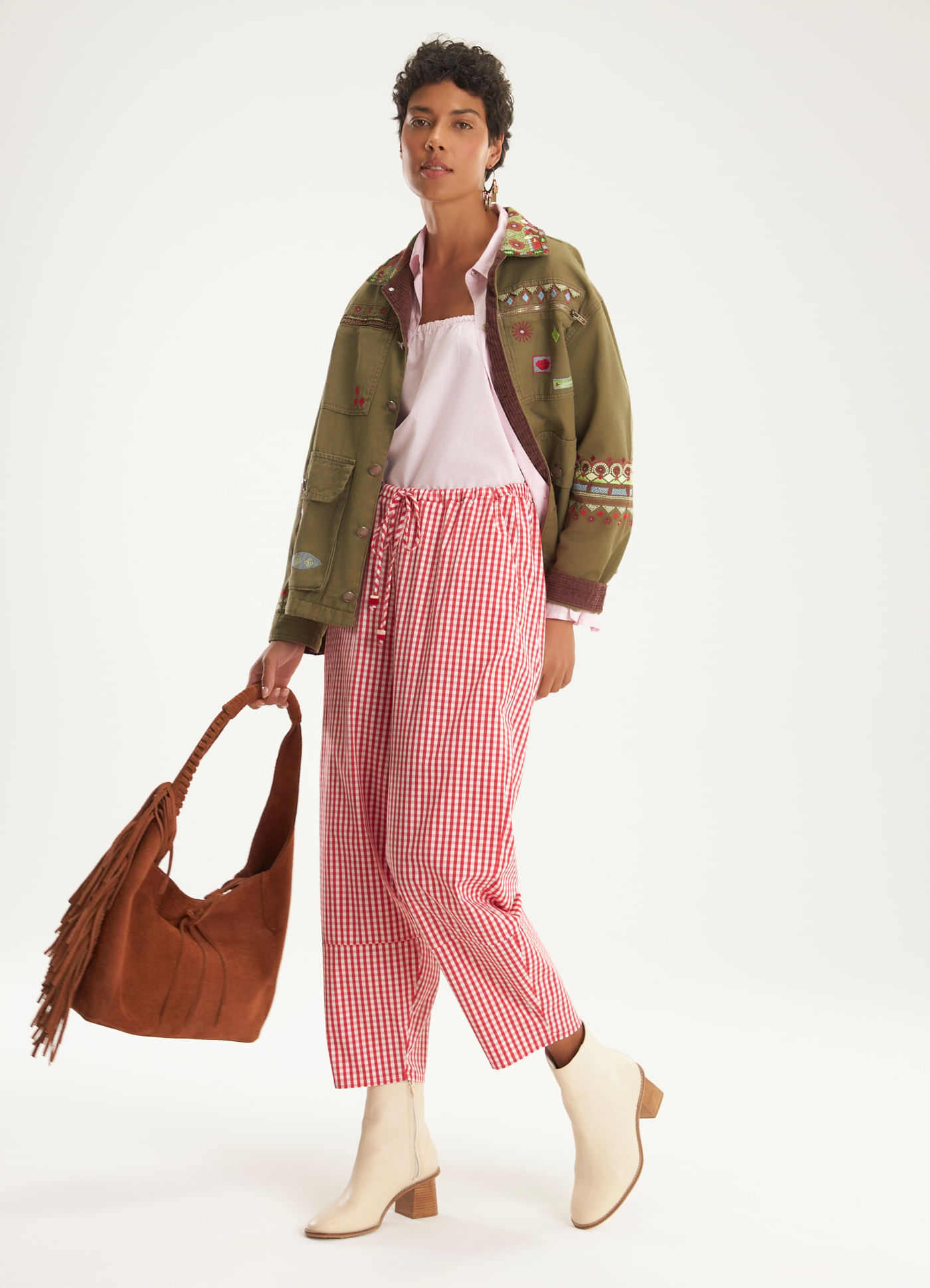 Calça barrel algodão vichy