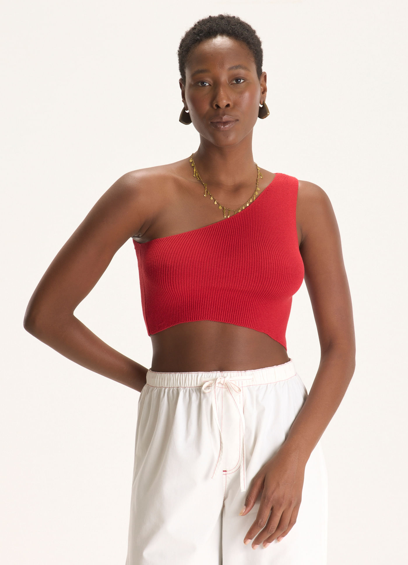 Top ombro único tricô canelado vermelho