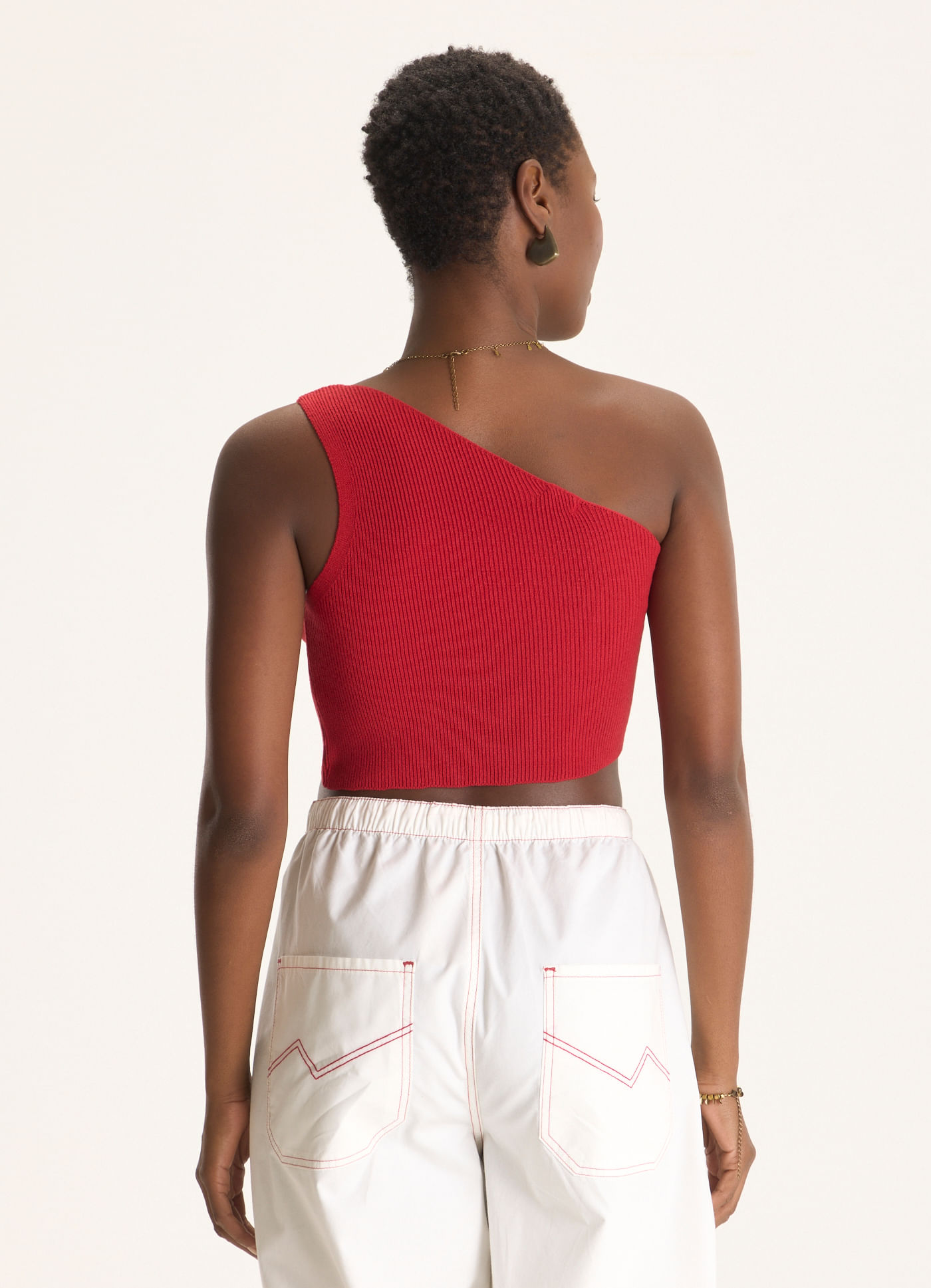 Top ombro único tricô canelado vermelho