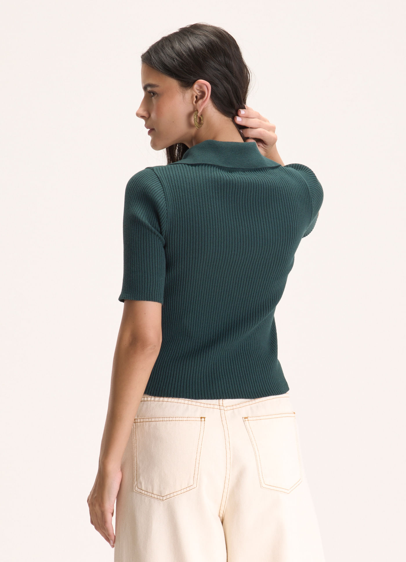 Blusa gola polo tricô decote v verde escuro
