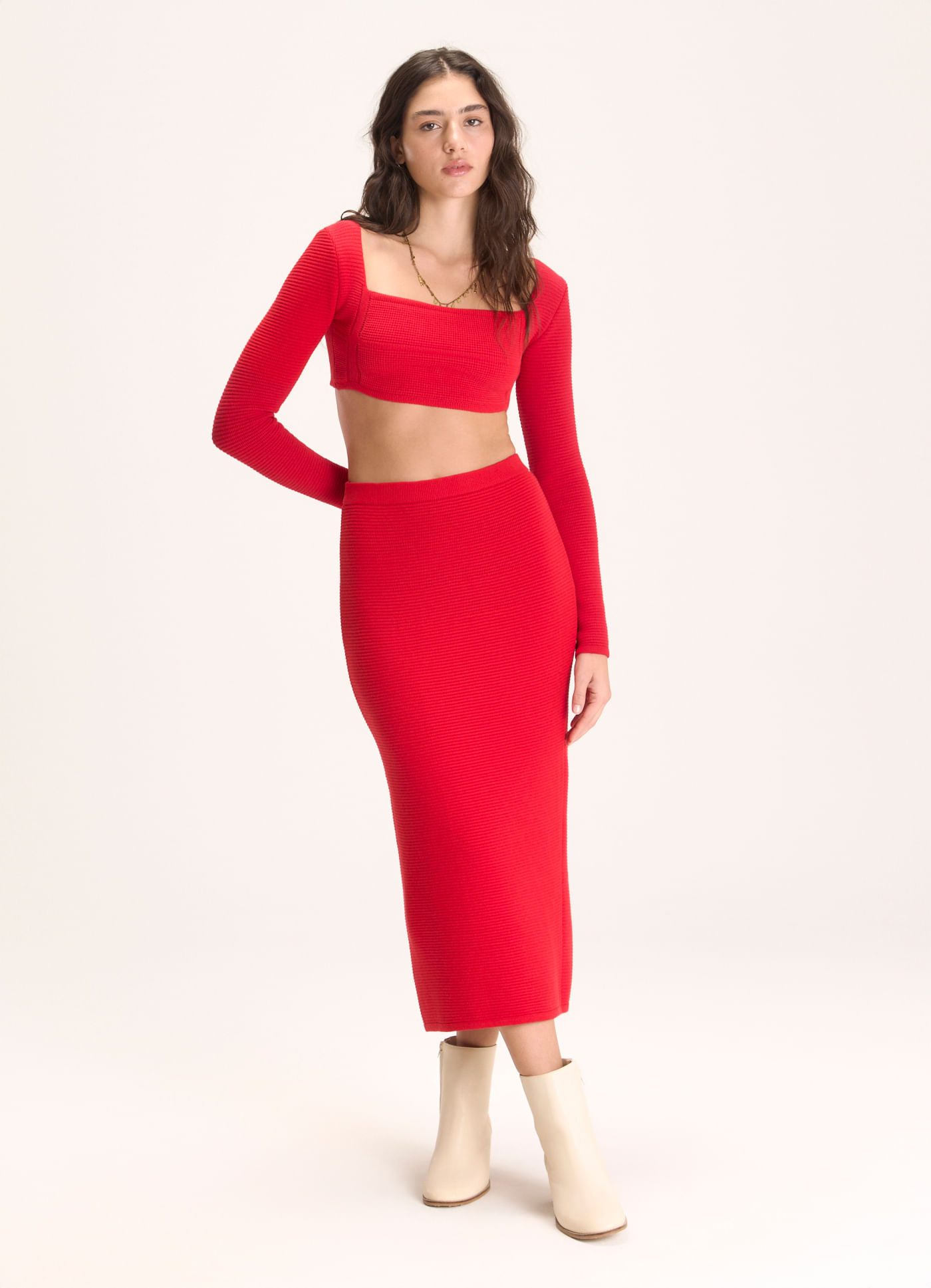 Saia midi tubo tricô lab vermelho