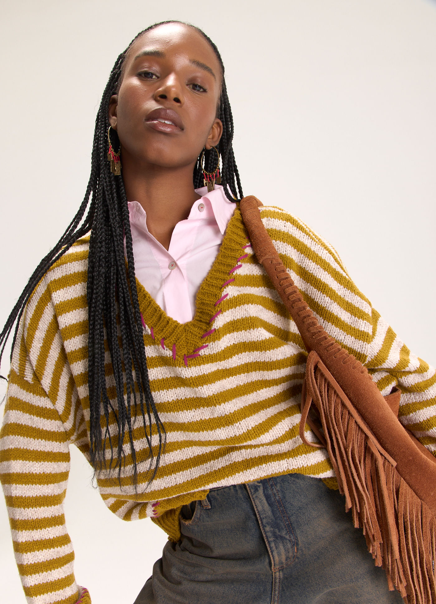 Pull tricô gola v listras