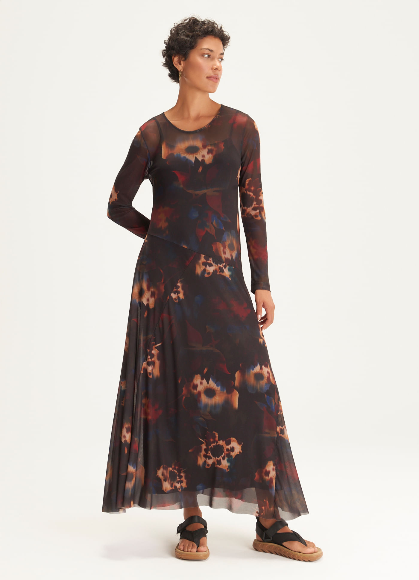 Vestido recorte tule estampado floral glitch