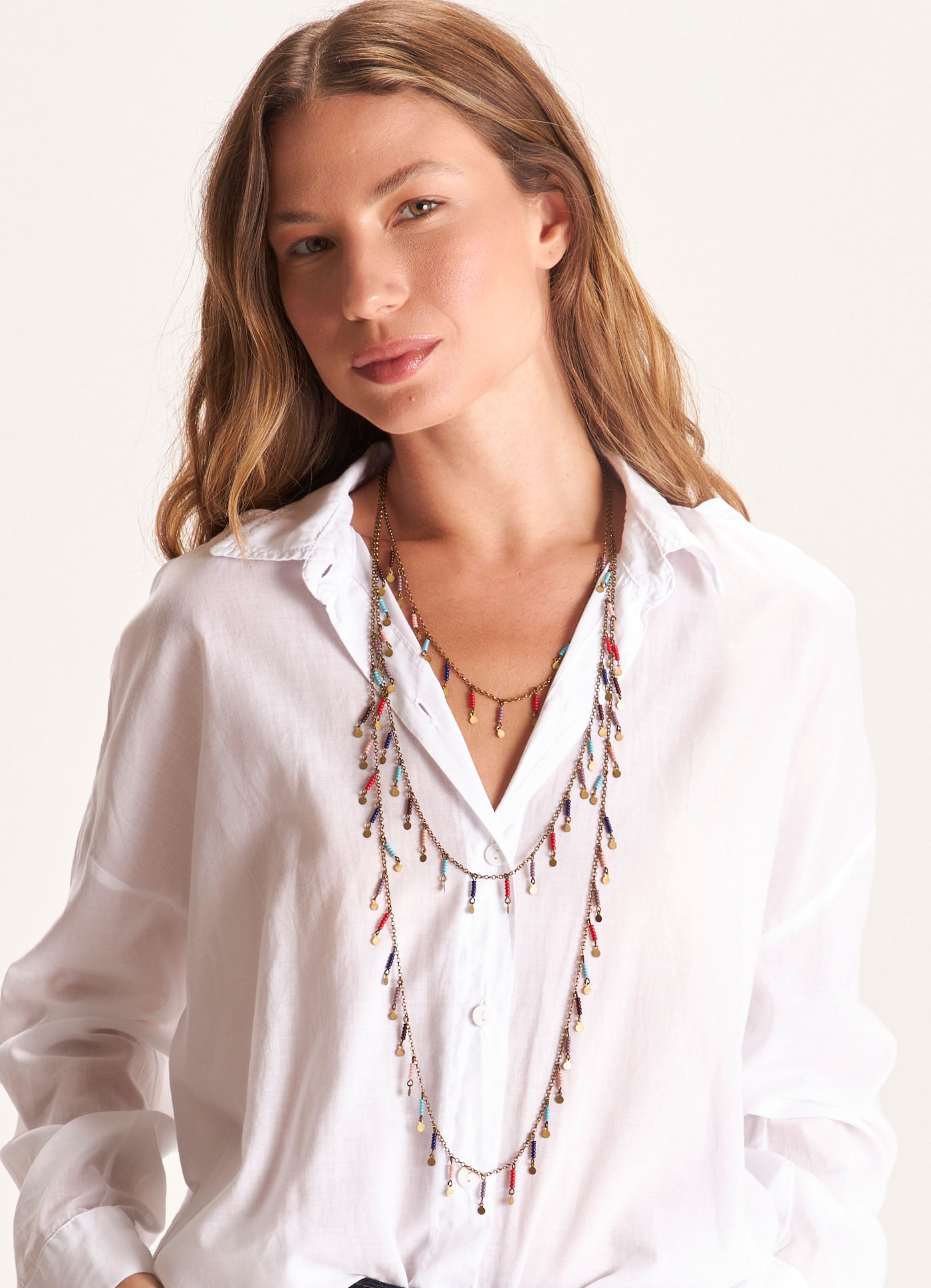 Colar triplo metal miçangas