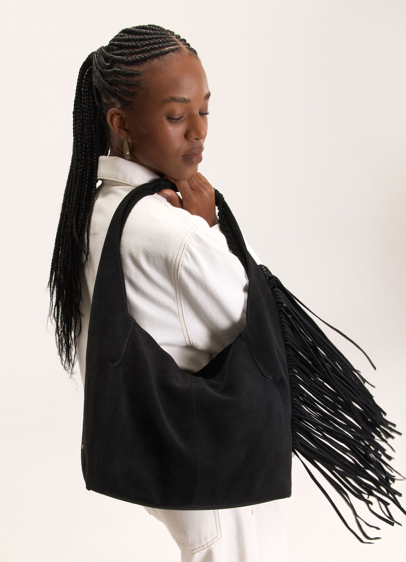 Bolsa camurça franjas preto