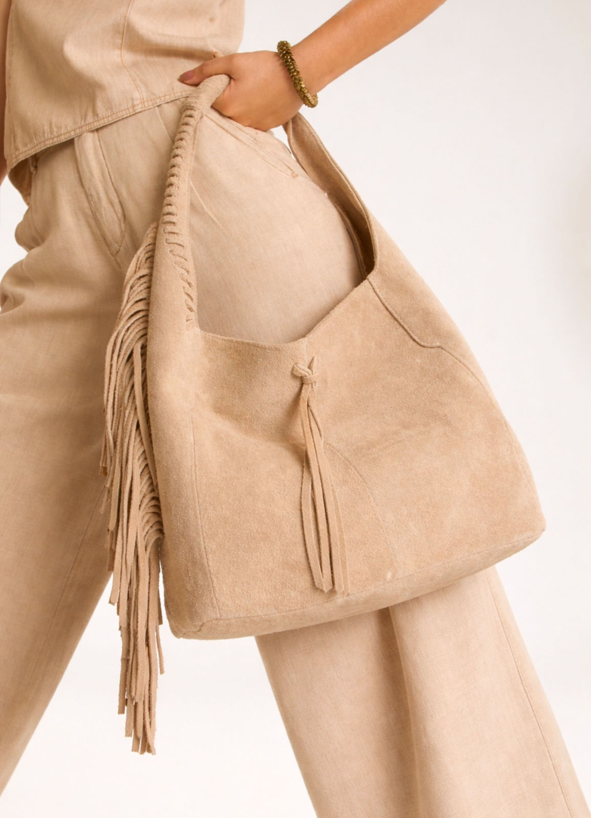 Bolsa camurça franjas caqui