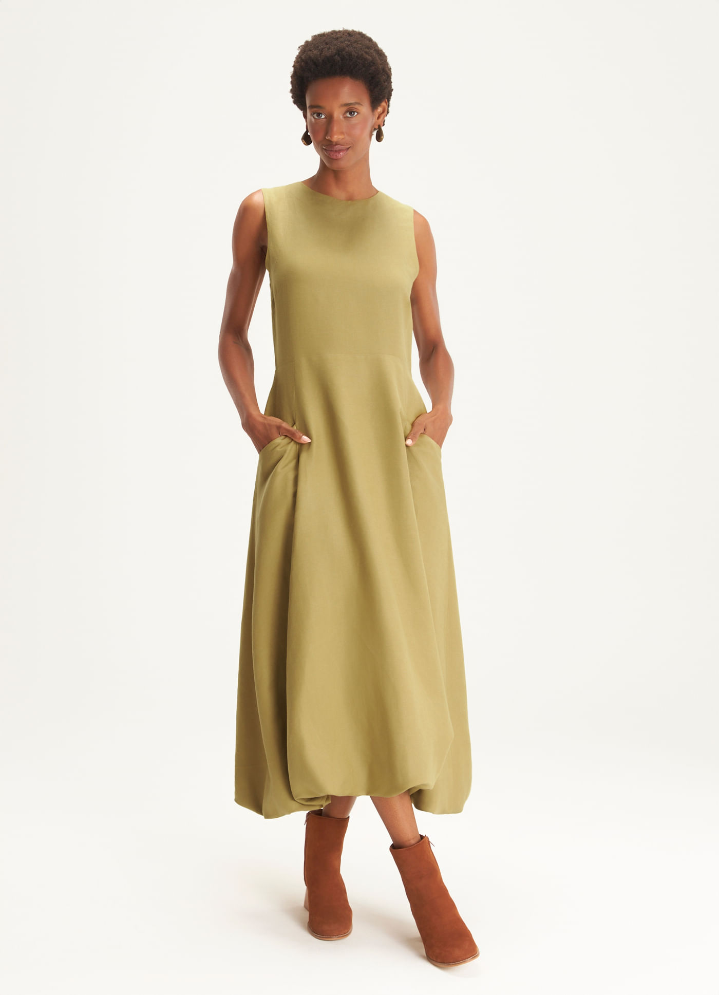 Vestido midi linho cambraia caqui