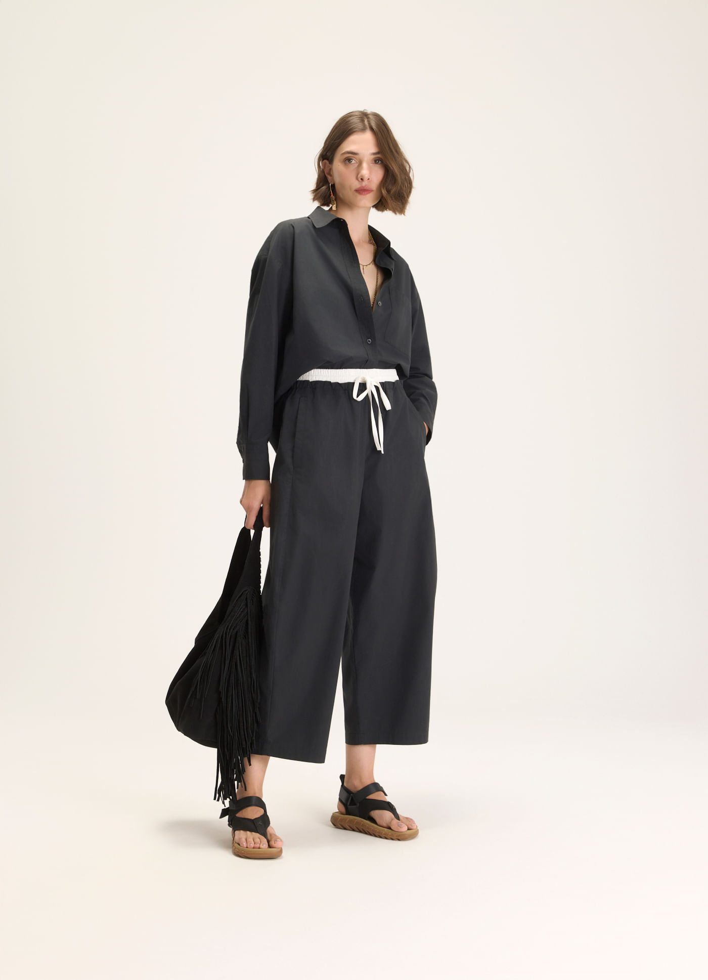 Calça algodão barrel cós duplo preto