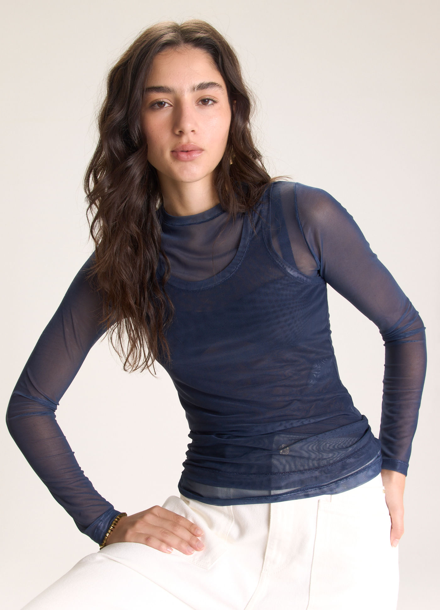 Blusa manga longa tule lab azul marinho
