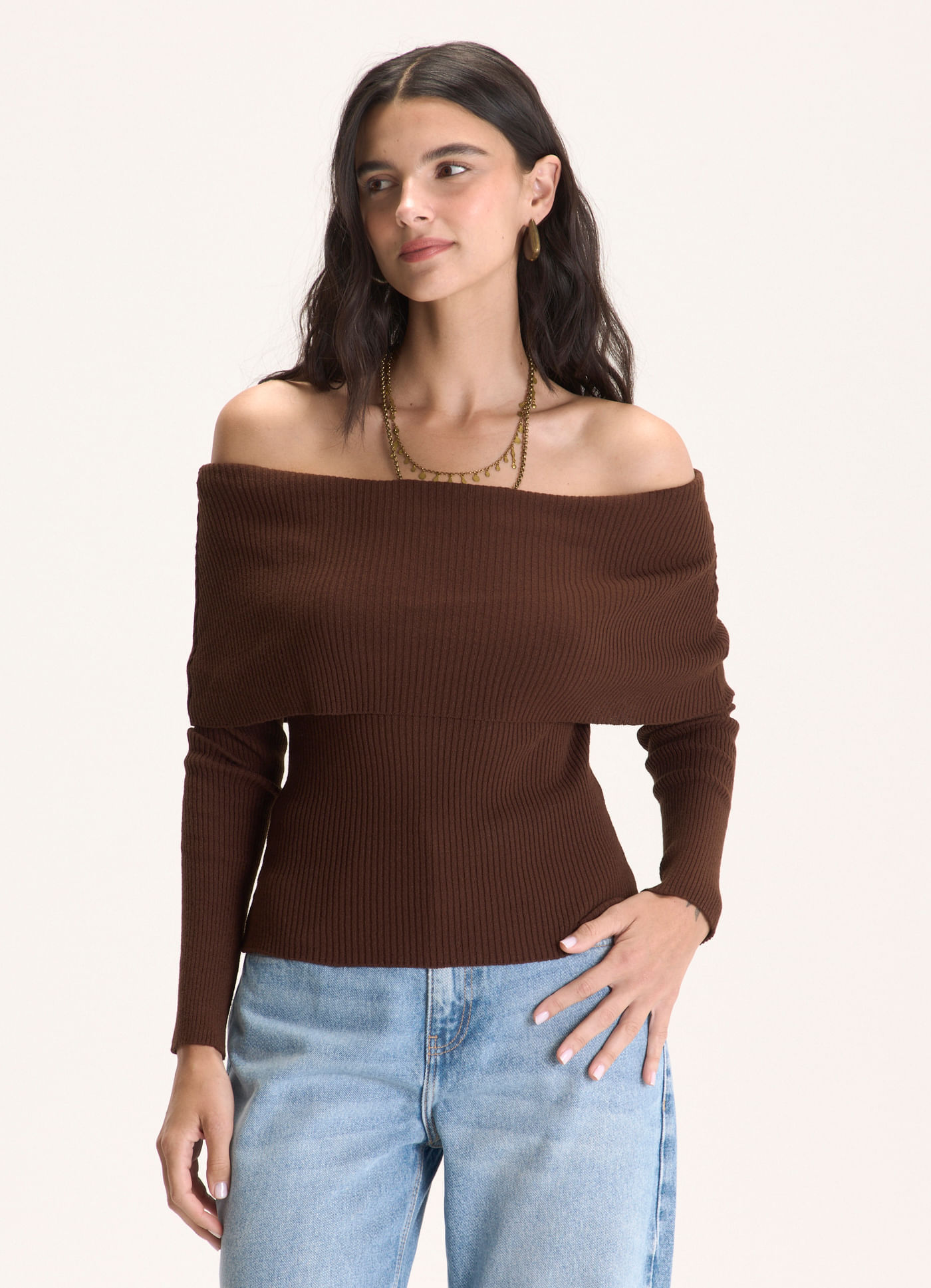 Blusa malha ombro tricô marrom