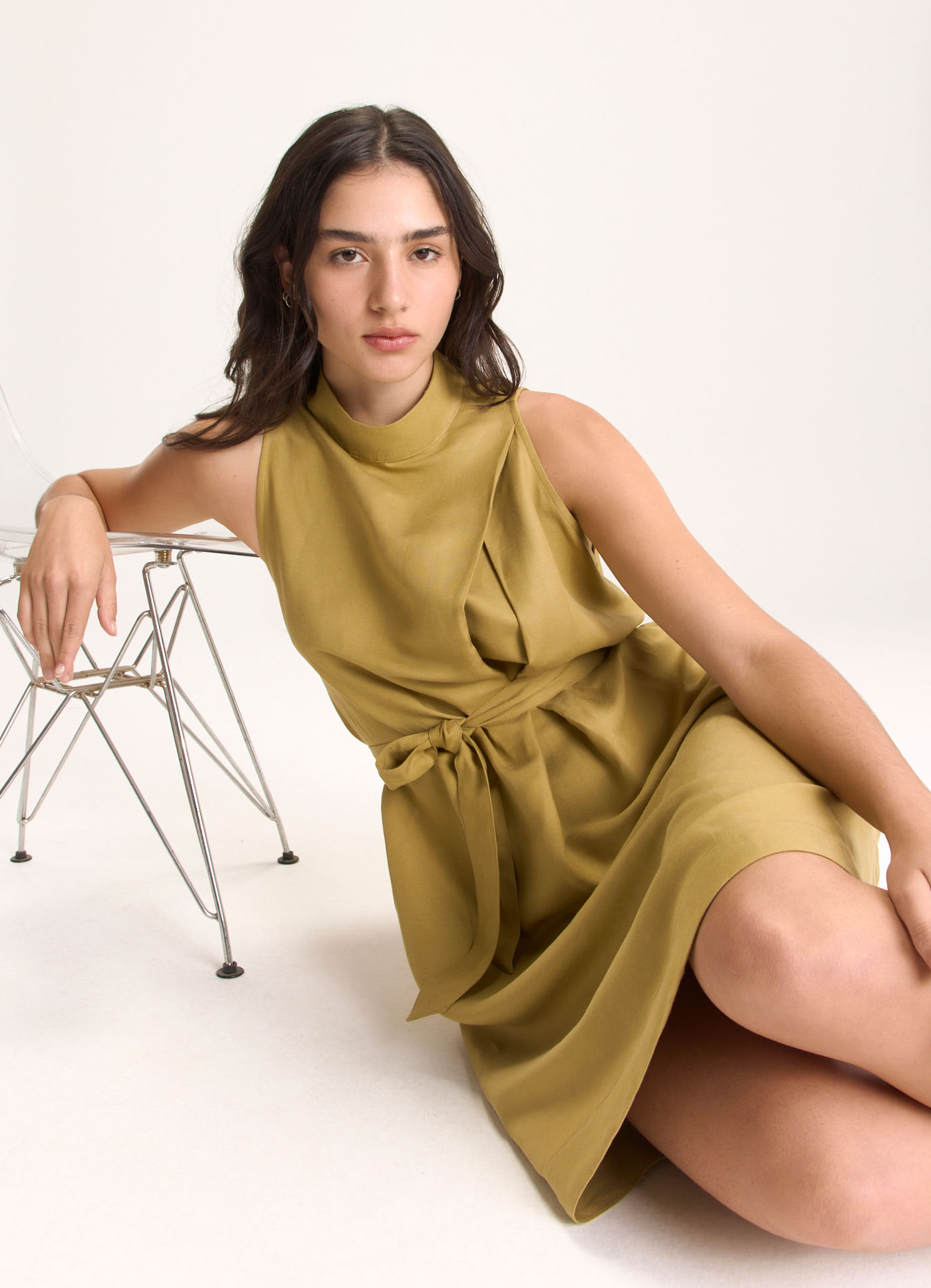 Vestido linho cambraia caqui