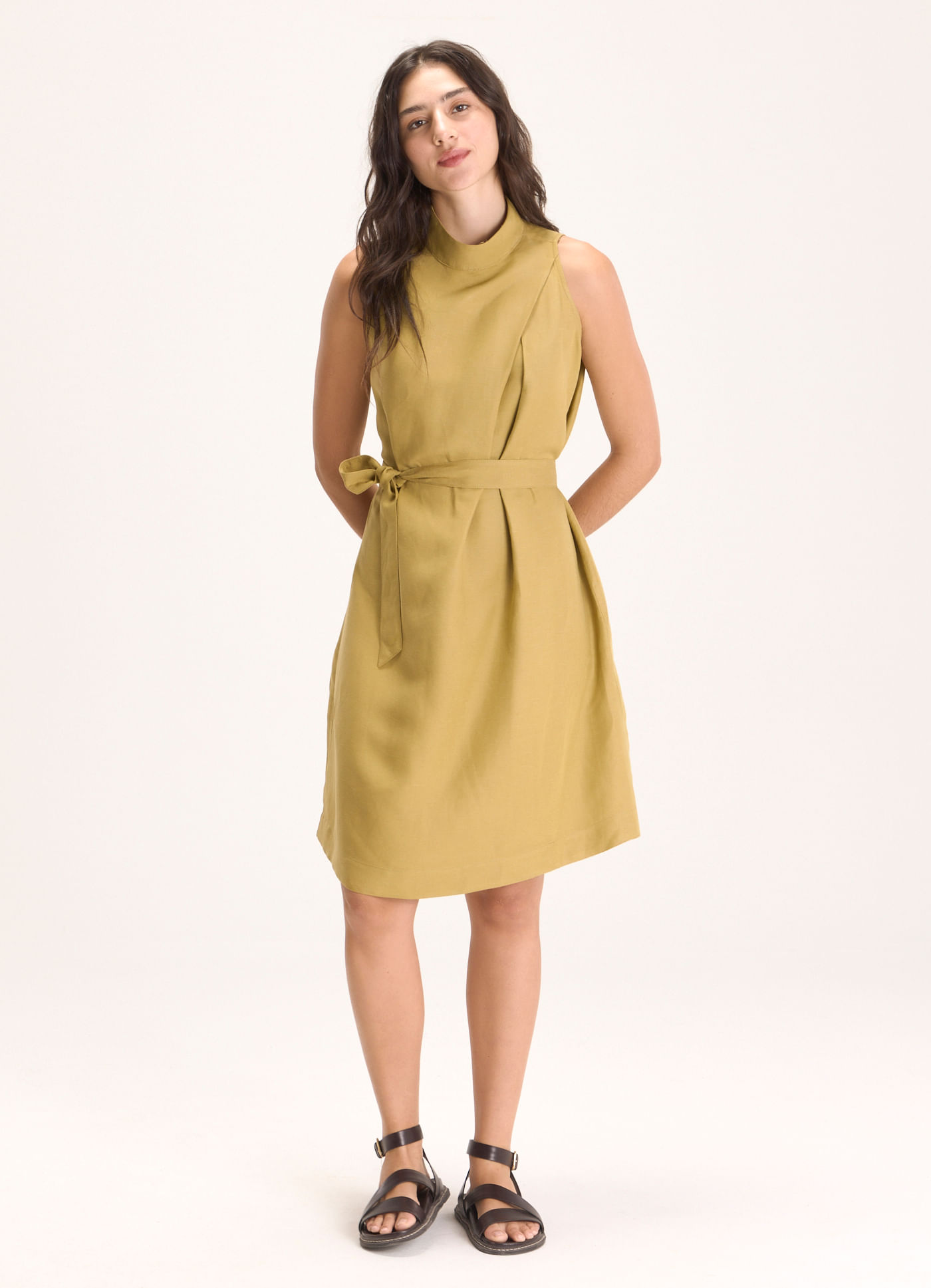 Vestido linho cambraia caqui