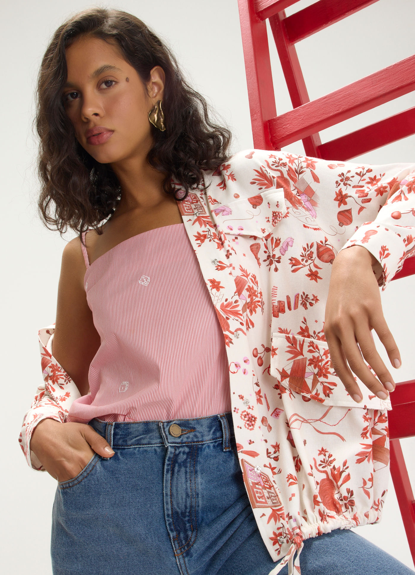 Blusa algodão listra bordado dadinho