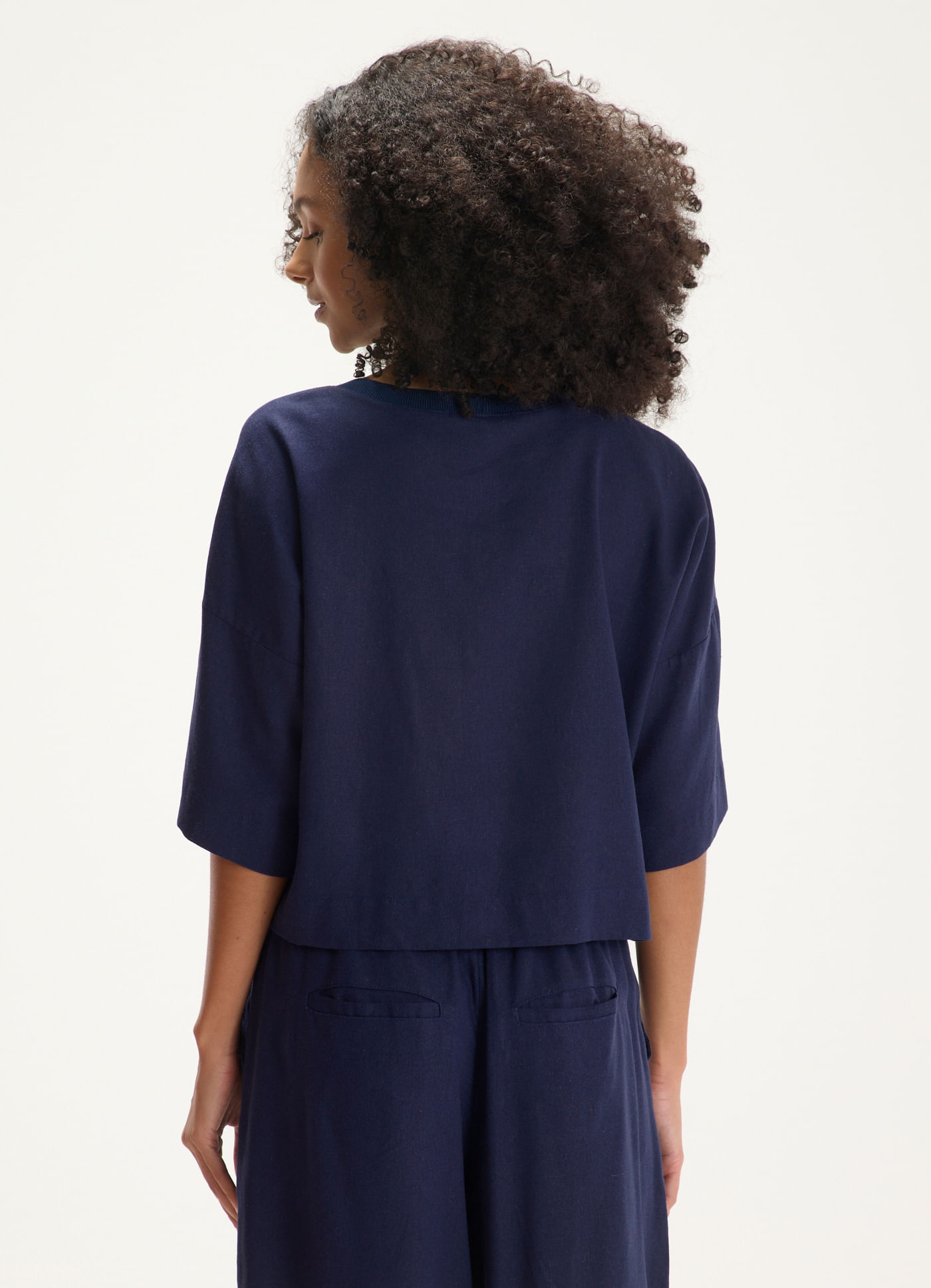 Blusa manga linho luderia azul marinho