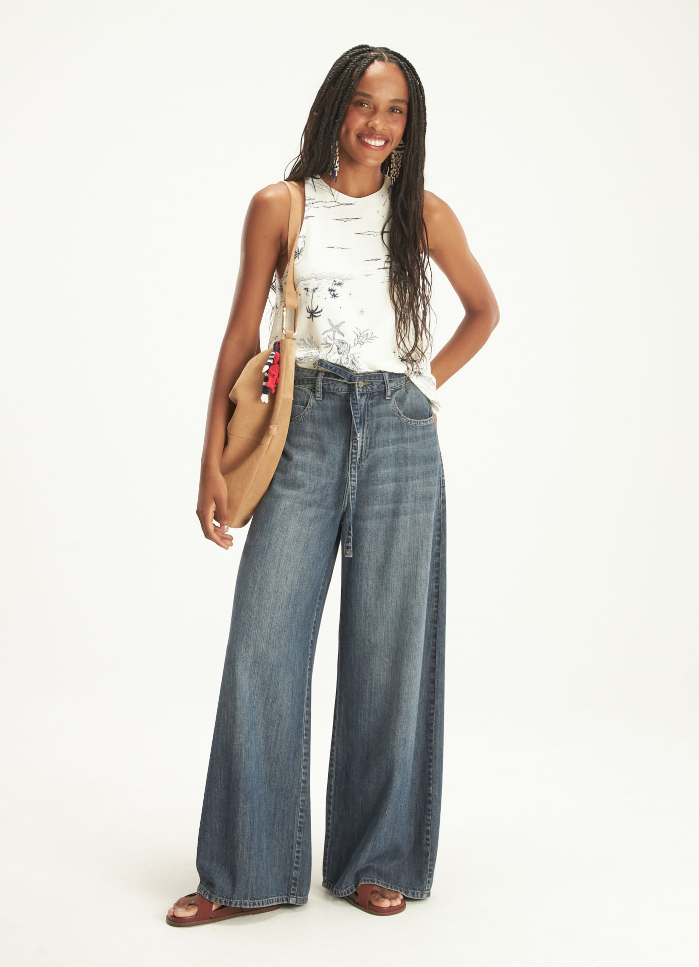 Calça pantalona amarração jeans