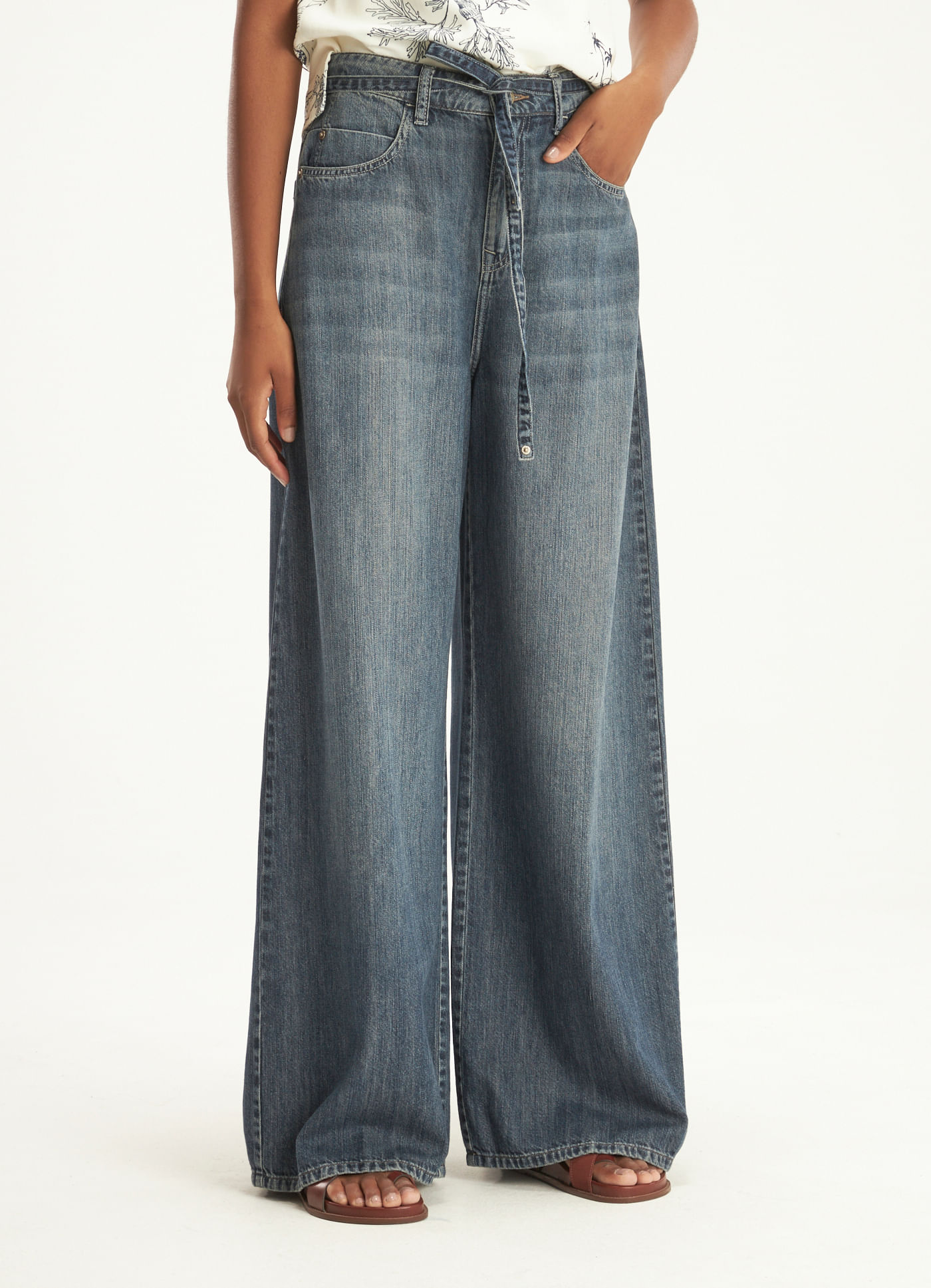 Calça pantalona amarração jeans