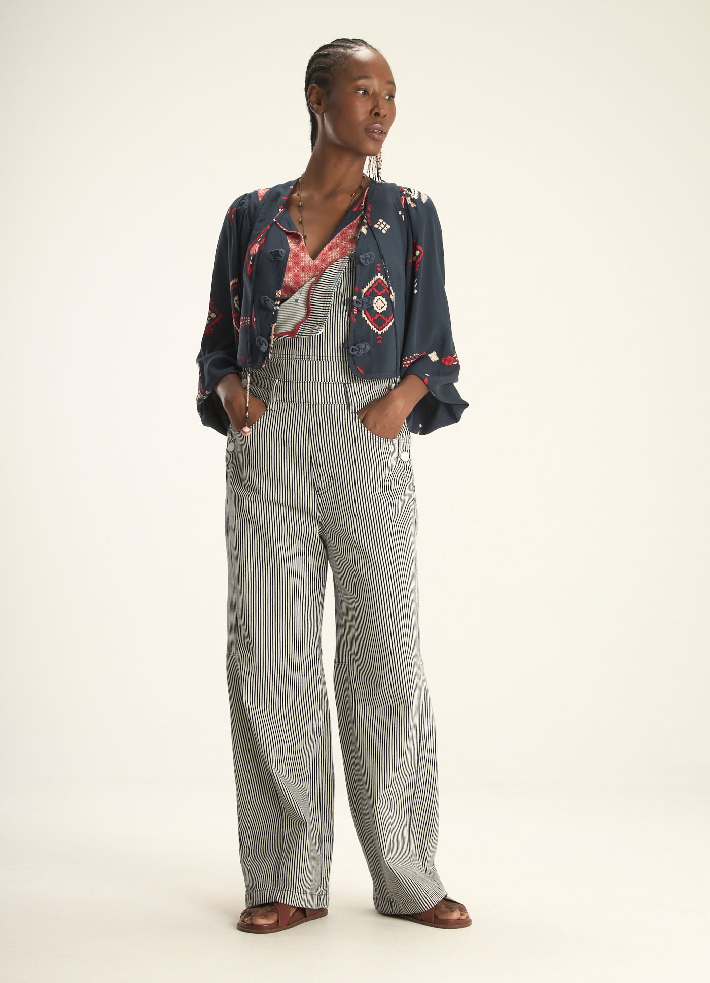 Jardineira jeans listra navegar