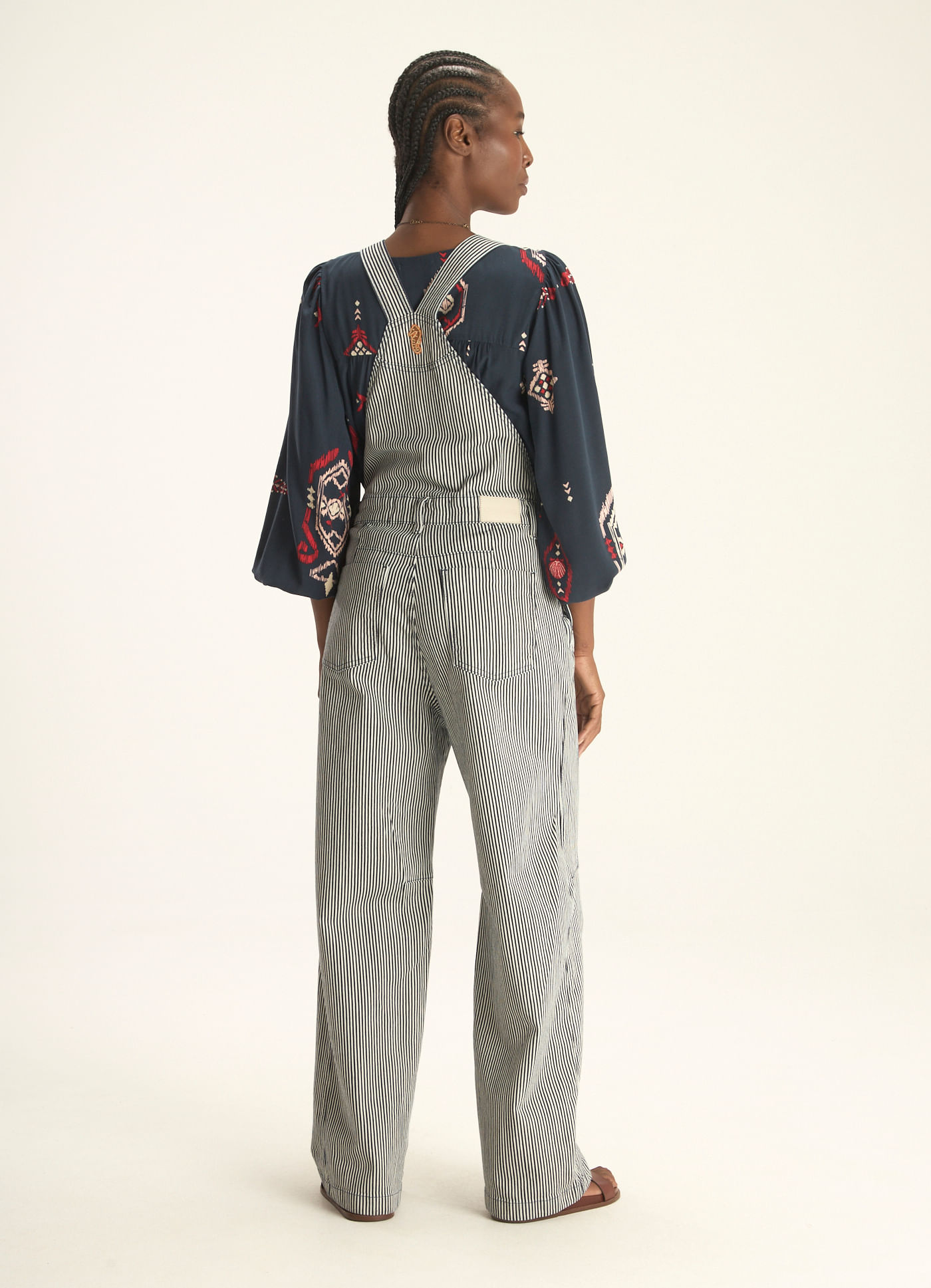 Jardineira jeans listra navegar