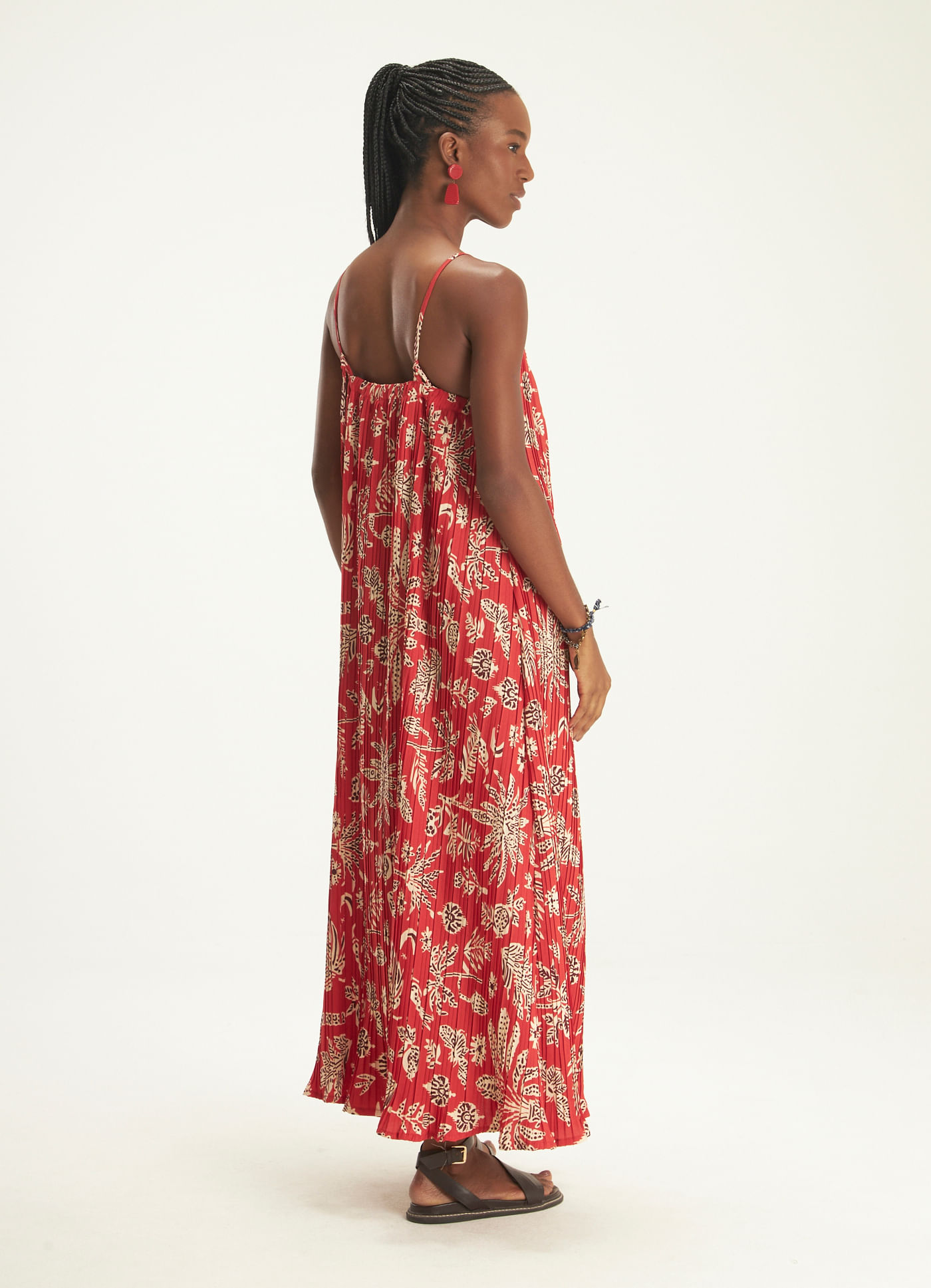 Vestido alcinha plissado estampado indi