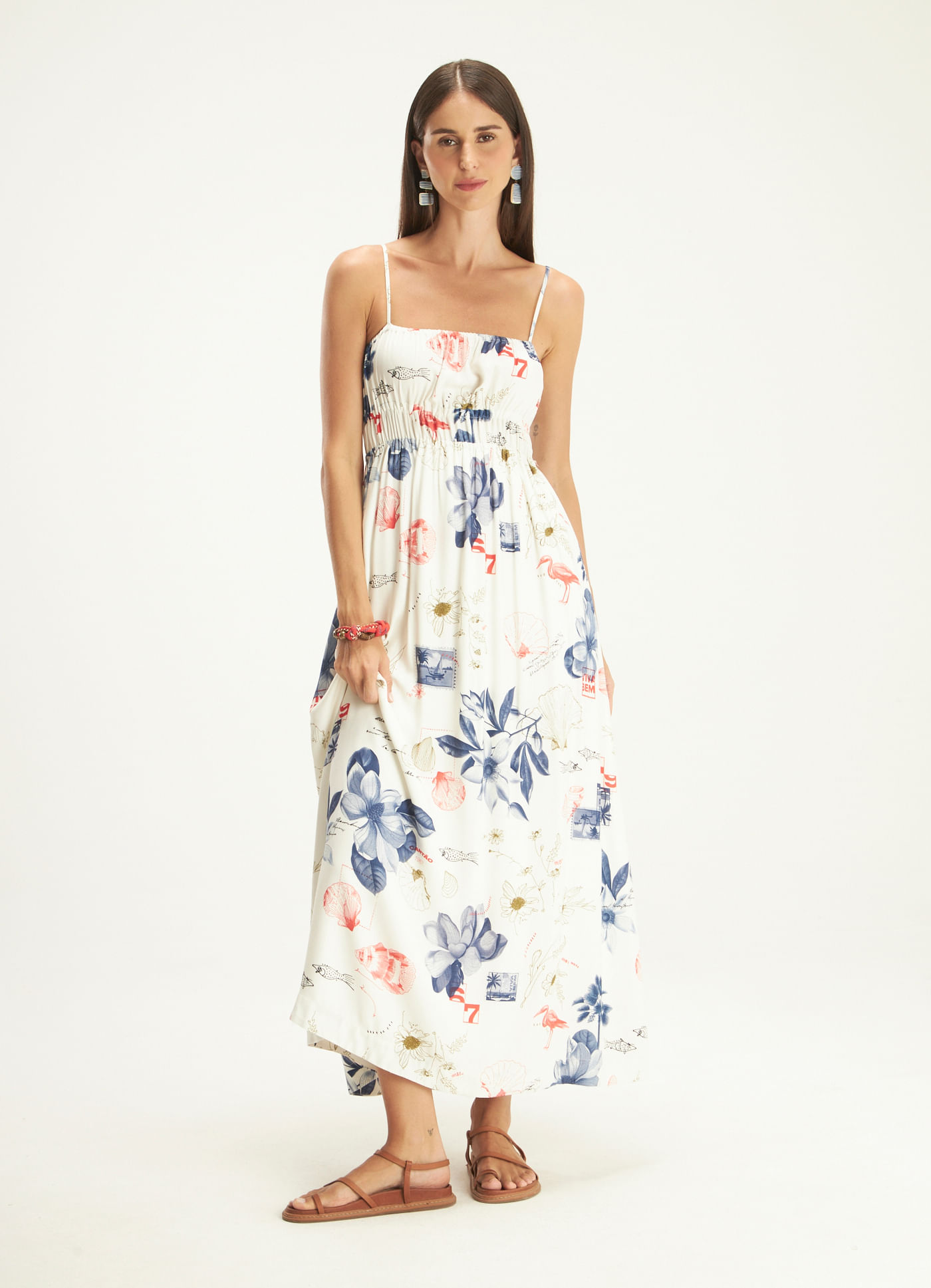 Vestido alcinha estampado memórias marítimas