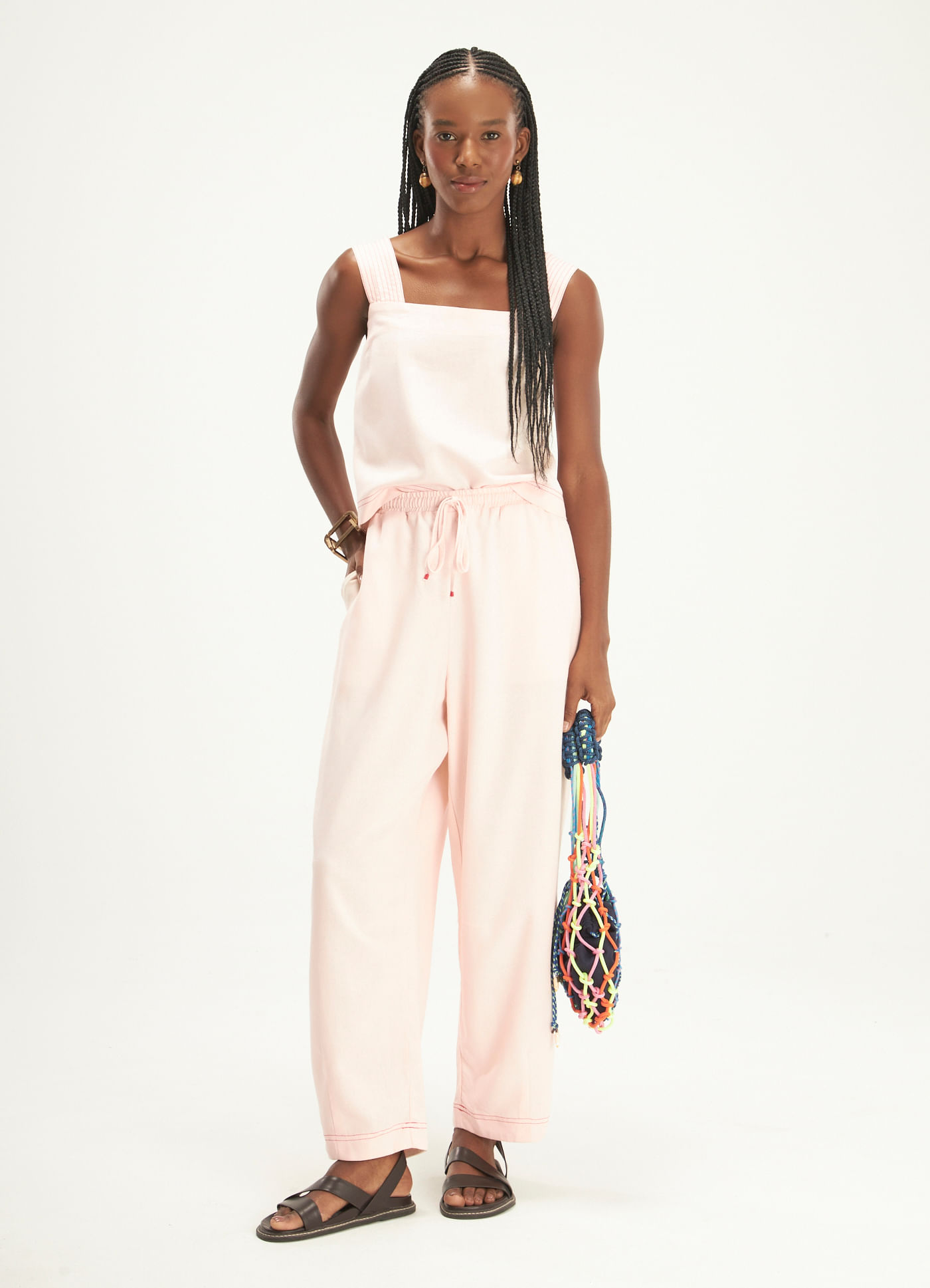 Calca barrel linho marear rosa