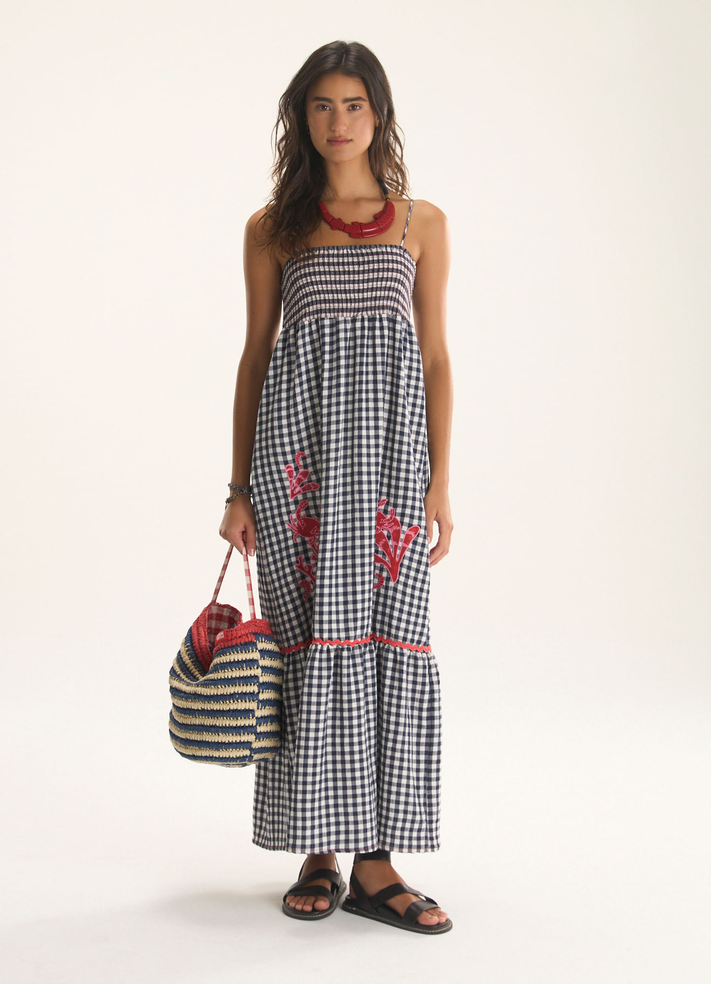 Vestido vichy bordado azul marinho