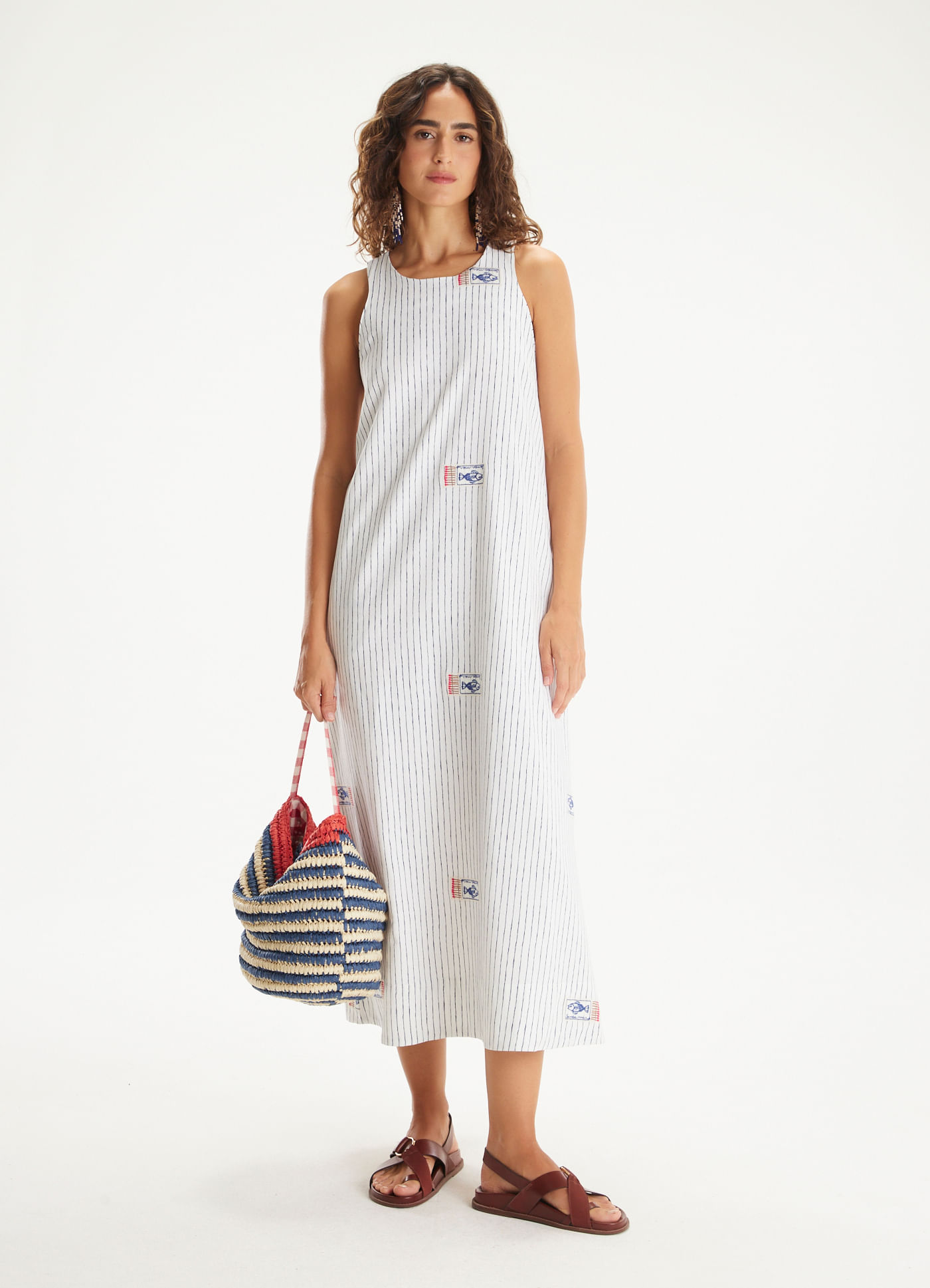 Vestido algodão listra bordado caixinha