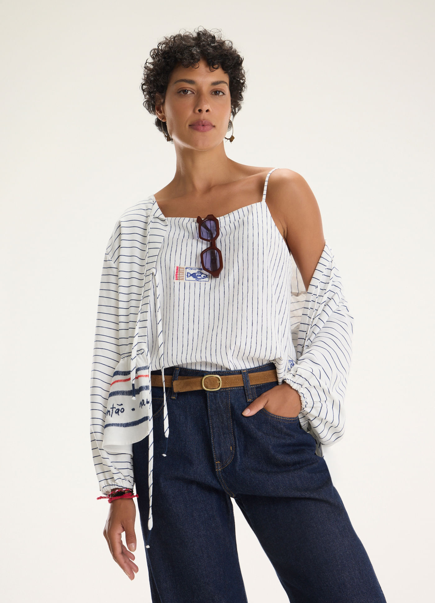 Blusa algodão listra bordado caixinha