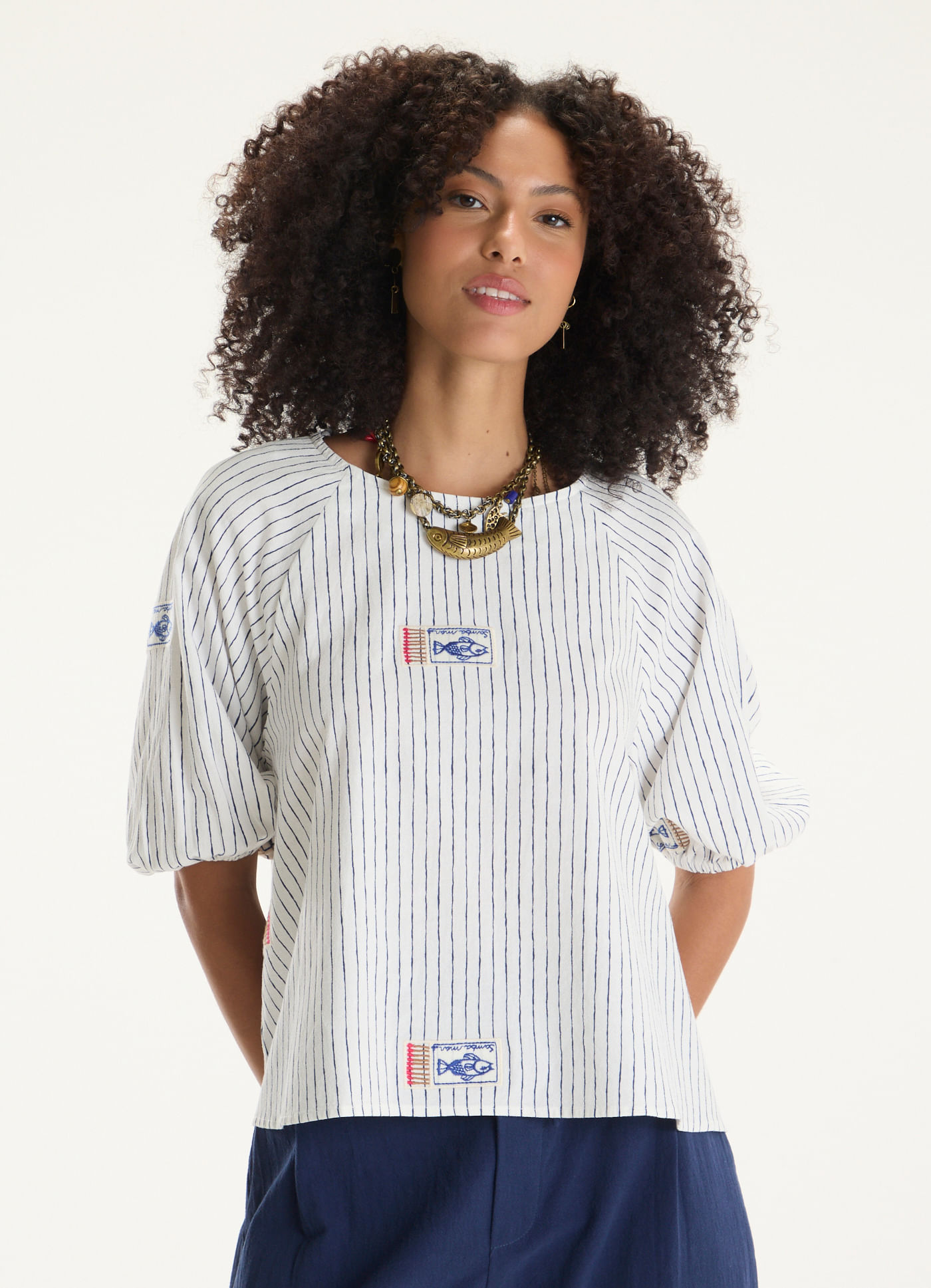 Blusa mg alg listra bordado caixinha
