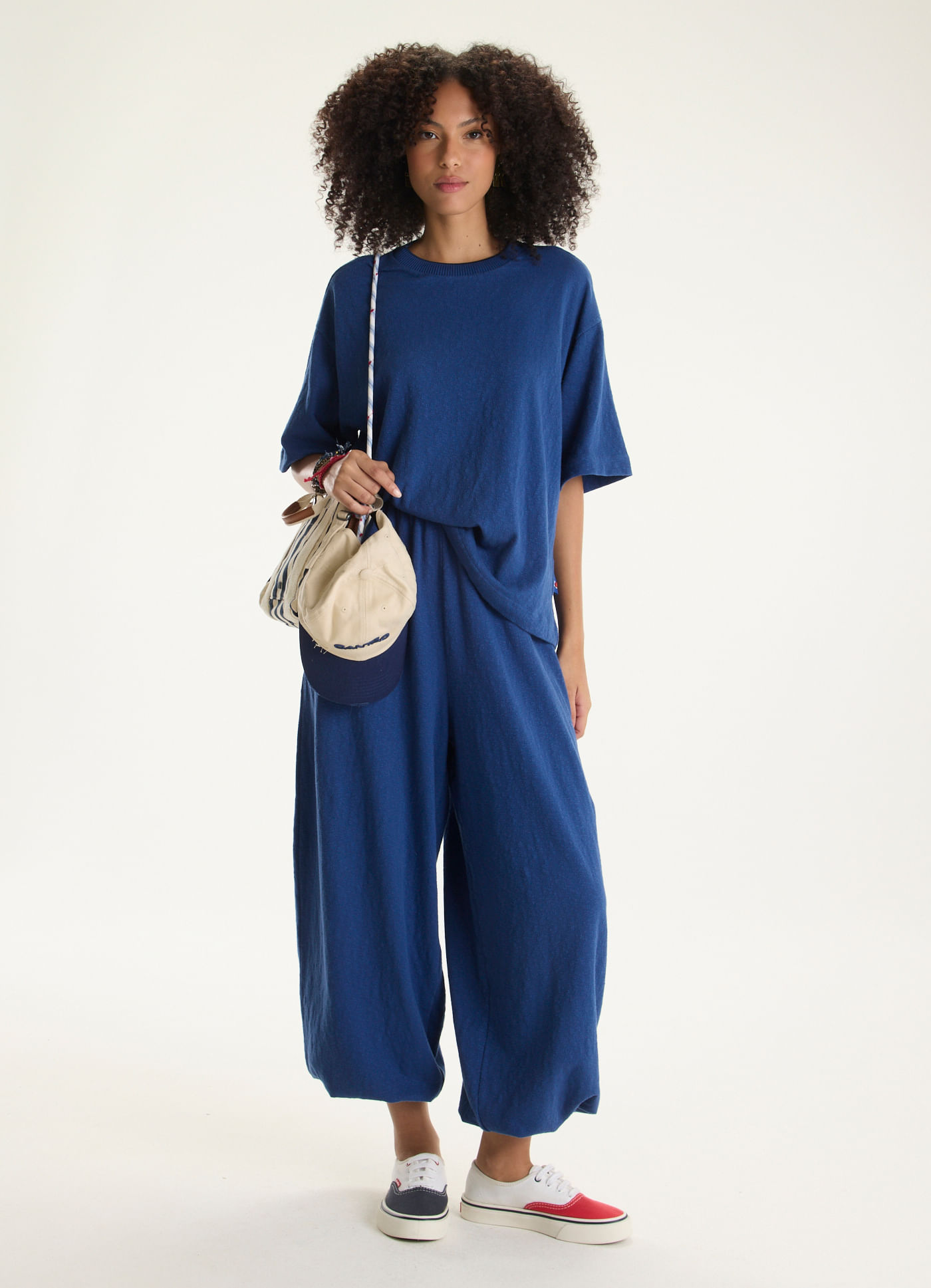 Calça balonê malha crepe flame azul marinho