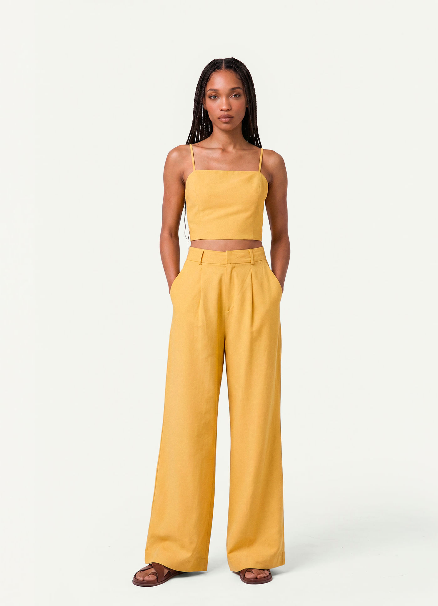 Calça linho alfaiataria amarelo