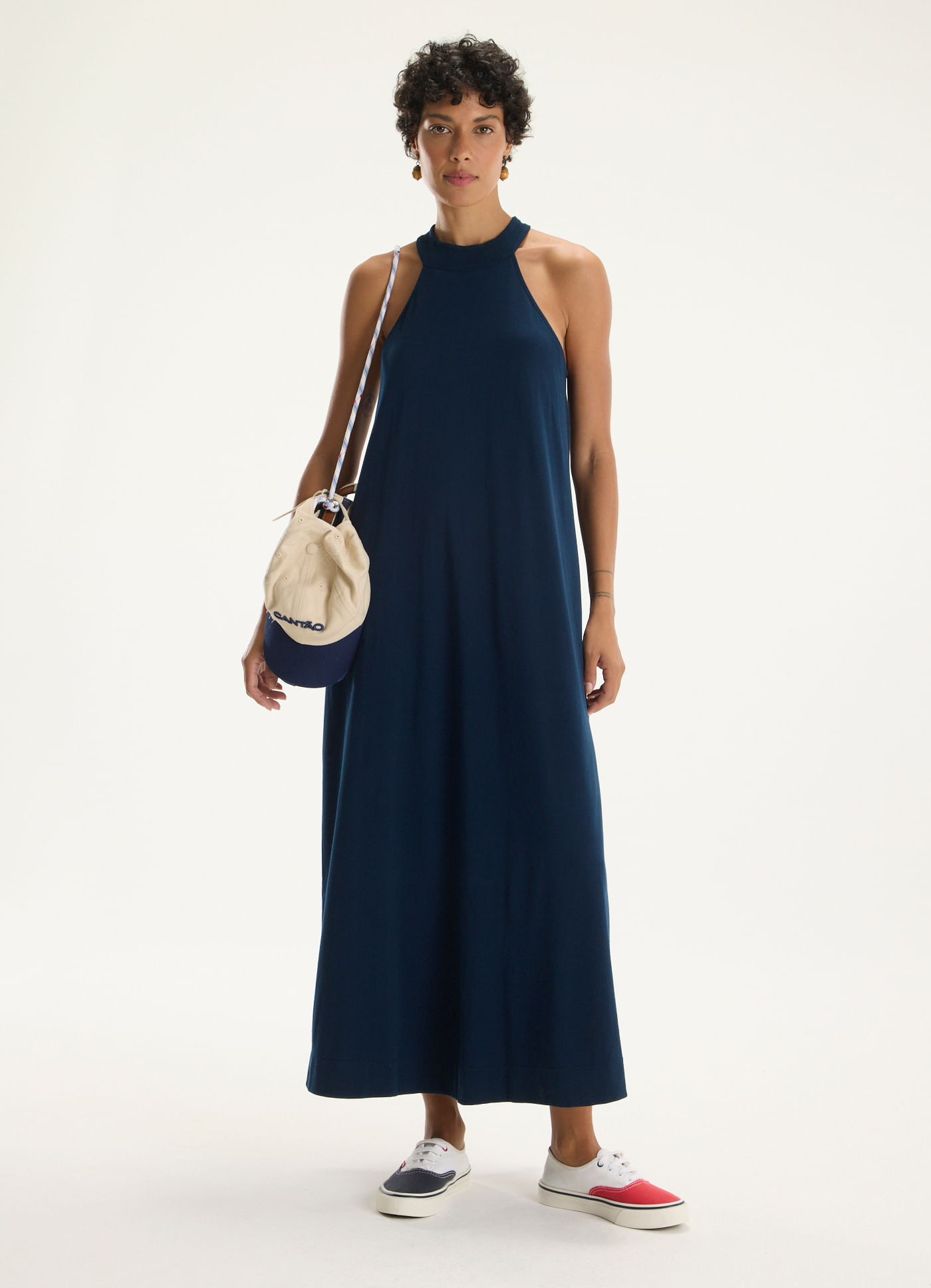 Vestido longo algodao azul marinho