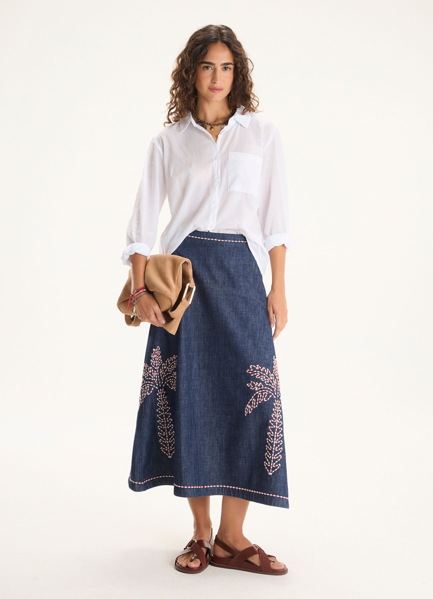 Saia midi bordado coqueiros jeans