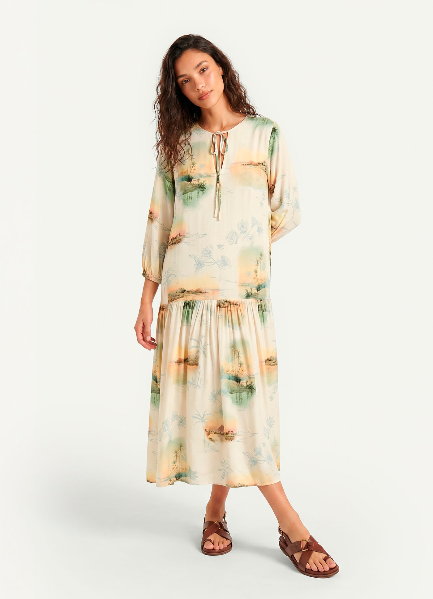 Vestido longo manga estampado areal